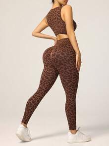 Slayform 无缝罗纹高弹性感豹纹提花女士健身跑步休闲日常运动套装 女士健身套装 女士运动服套装 - 棕色 - 查看 5