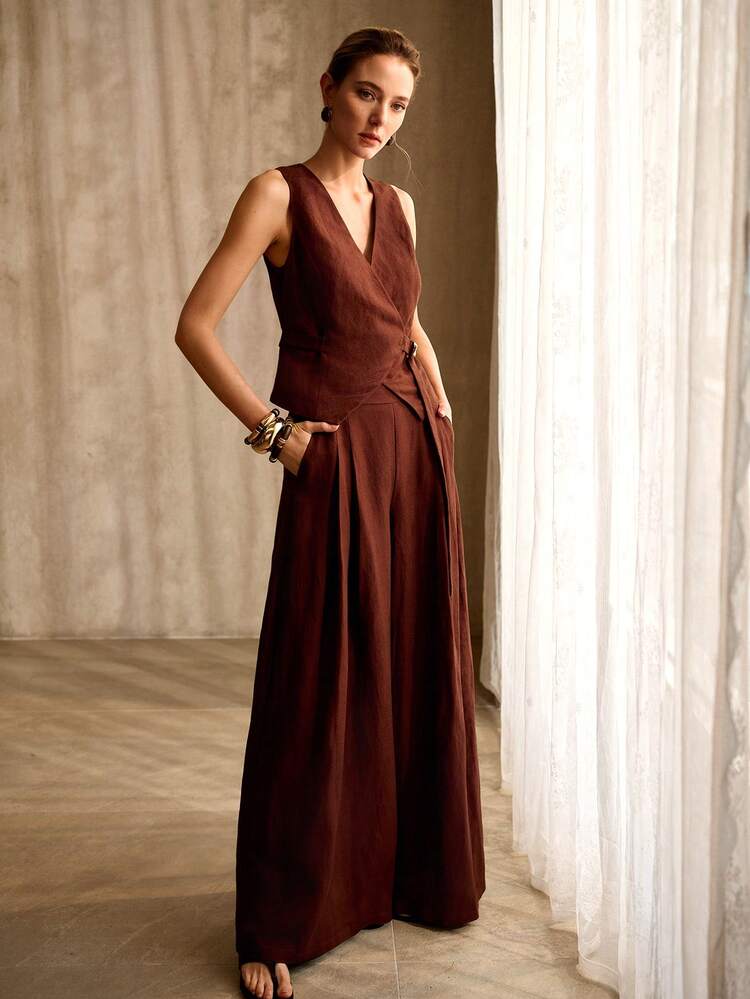 WOMEN'S LINEN & TENCEL BLEND WIDE LEG SUIT PANTS