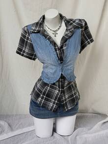 Sunspun Camisa de aspecto de mezclilla con parches a cuadros, talla grande y casual - Multicolor - Ver 5