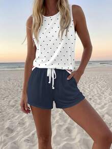 SHEIN LUNE Vintage Casual Anchor, Polka Dot & Striped Pattern 2-Piece Set - Round Neck Tank Top & Shorts, Suitable For Summer, Retro Style - Multicolor - View 4