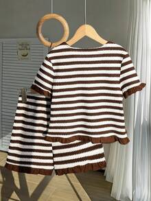 SHEIN 2pcs/Set Tween Girls T-Shirt Set,Brown And White Striped Knit Cute Bow Decor Ruffle Hem Top&Loose Shorts,Summer School Outing Clothes For Party,Daily - Coffee Brown - View 2