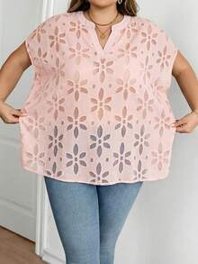 SHEIN CURVE+ 大码纯色印花短袖衬衫 - 粉色 - 查看 3