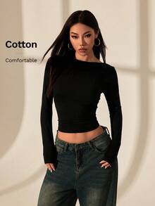 SHEIN PETITE 露背蕾絲拼接女款T恤上衣，優雅約會夜店晚裝，適合秋季，黑色，小碼女款 - 黑色 - 查看 2