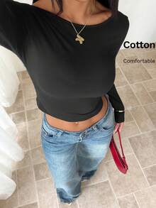 SHEIN PETITE 露背蕾絲拼接女款T恤上衣，優雅約會夜店晚裝，適合秋季，黑色，小碼女款 - 黑色 - 查看 5