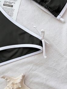 SHEIN 少女纯色简约海军蓝白撞色吊带比基尼套装，休闲沙滩度假装，夏季时尚新品 - 黑與白 - 查看 5