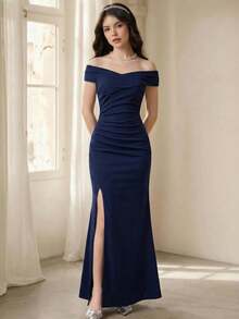 SHEIN Pitira Vestido formal de Body con abertura frontal, cintura fruncida, malla y hombros descubiertos en azul marino para adolescentes - azul real - Ver 2