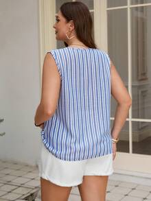 Rosumi Plus Size Women Blue And White Striped Patchwork Sleeveless Shirt,Boho Lace Trim V Neck Camisole,Summer Vacation Holiday Casual Tank Tops,Zipper Top - Multicolor - View 5