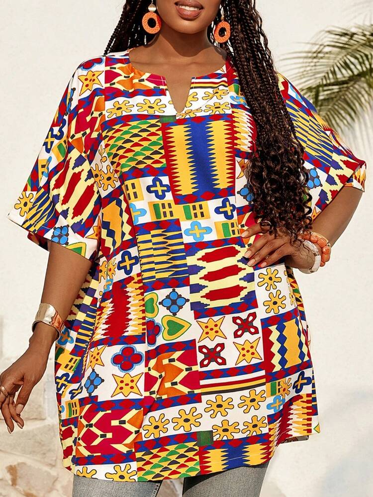 Plus Size Women Geometric Print Short Sleeve Casual Shirt
