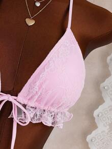 Swim Mod 3件套女士蕾丝比基尼套装 - 挂脖系带比基尼上衣和网纱罩衫 - 粉色 - 查看 6