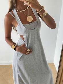 SHEIN EZwear Đầm dệt kim màu xám không tay kiểu dáng thường ngày dành cho nữ, thích hợp cho mùa xuân/hè. - Màu Xám nhạt - Xem 8
