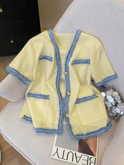 Selianne Chaqueta corta de verano de mujer, casual y elegante, minimalista, con bolsillo y flecos, de manga corta y abotonadura sencilla