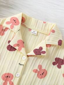 2件套 女童休闲粉色可爱兔子印花长裤短袖家居服套装 - 黃色 - 查看 4
