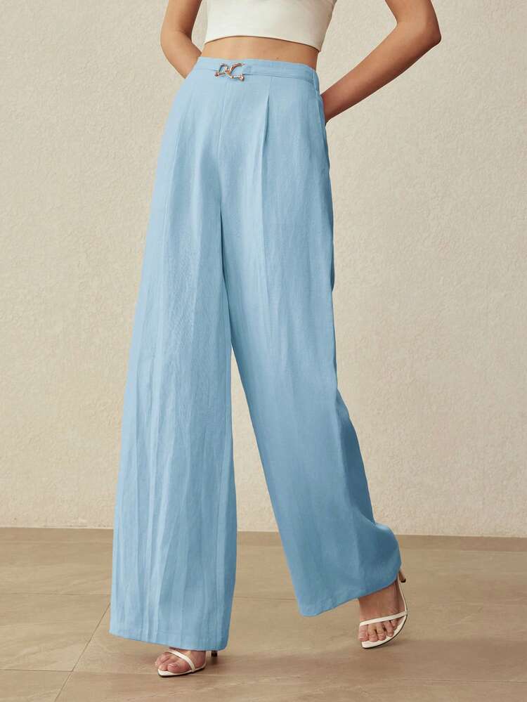 LINEN MINIMALIST ELEGANT DECORATIVE BUTTON WIDE LEG SUIT PANTS, SPRING/SUMMER