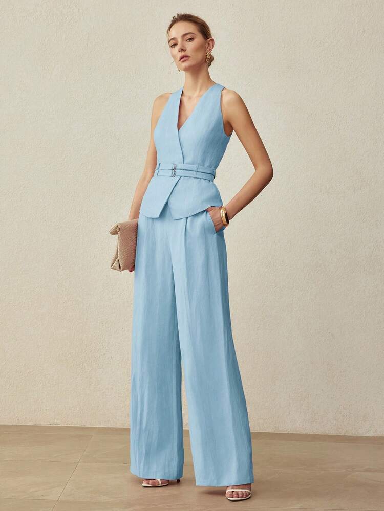 LINEN MINIMALIST ELEGANT DECORATIVE BUTTON WIDE LEG SUIT PANTS, SPRING/SUMMER