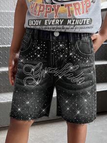 Quần short denim đen dáng rộng đính đá và chữ lấp lánh dành cho bé trai. - màu đen - Xem 6