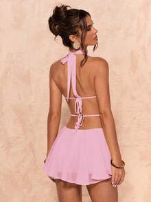 SHEIN BAE Summer Women Solid Chiffon Halterneck Backless Mini Dress - Baby Pink - View 2