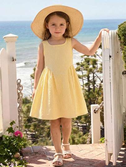Emery Rose Kids Emery Rose Kids Young Girl Woven Striped Casual Camisole Dress Kids White And Yellow Coquette For Girls