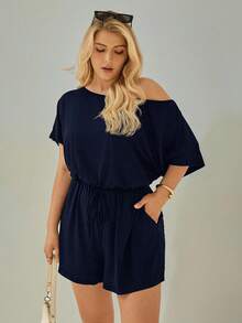SHEIN Essnce Bộ áo liền quần cỡ lớn cho nữ, trang phục mùa hè, quần short, kiểu trễ vai dễ thương, trang phục mùa hè cho nữ, trang phục dự tiệc, trang phục mùa hè cho nữ, trang phục đi nghỉ mát, bộ áo liền quần thường ngày cho nữ. - Màu xanh lam - Xem 3