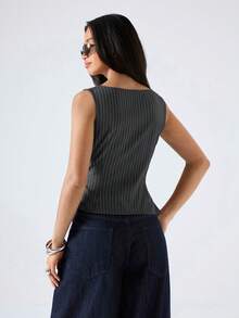LYSMO Áo tank top không tay cổ tròn kiểu tối giản mới năm 2026, áo sơ mi màu xám, áo sơ mi buộc dây phía trước màu xám, áo sơ mi bất đối xứng, áo sơ mi kẻ sọc nhỏ, áo kiểu thời trang nữ/áo kiểu nữ thường ngày - Xám - Xem 2