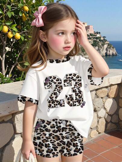 1 Set Conjunto de camiseta de manga corta y pantalones cortos con estampado de leopardo y patrón "23" de moda minimalista y retro para niñas jóvenes, adecuado para uso diario en primavera y verano