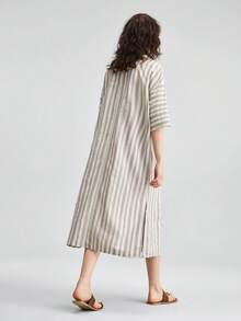 Ontre Blue And White Striped Tassel Tie-Up Short Sleeve Side Slit Summer Casual Vacation Women's Dress Elegant Minimalist Urban Commute Beach Holiday Party - Multicolor - View 4
