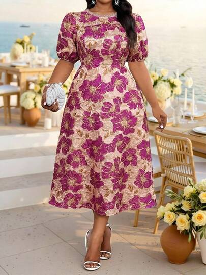 Fleurora Vestido elegante de mujer talla grande con cuello redondo, mangas de pétalo y estampado floral de jacquard