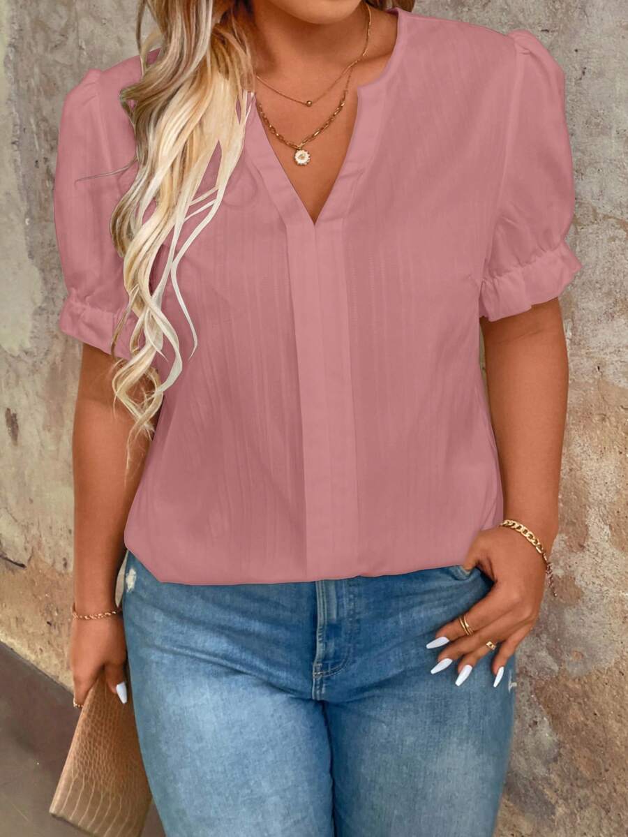 SHEIN LUNE CURVE Áo sơ mi cổ chữ V màu trơn dáng rộng, cỡ lớn, phong cách thường ngày, mùa hè. - Bụi hồng - Xem 1