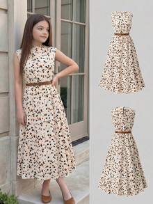 SHEIN 少女豹纹无袖休闲连衣裙，适合14岁女孩，休闲时尚通勤立领喇叭腰A字长裙，棕色连衣裙，适合青少年女孩，适合14岁女孩的漂亮连衣裙，适合女孩的休闲连衣裙 - 杏色 - 查看 3