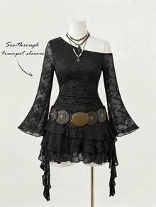 SHEIN MOD 大码女士棕色荷叶边不对称肩部连衣裙 - 黑色 - 查看 3