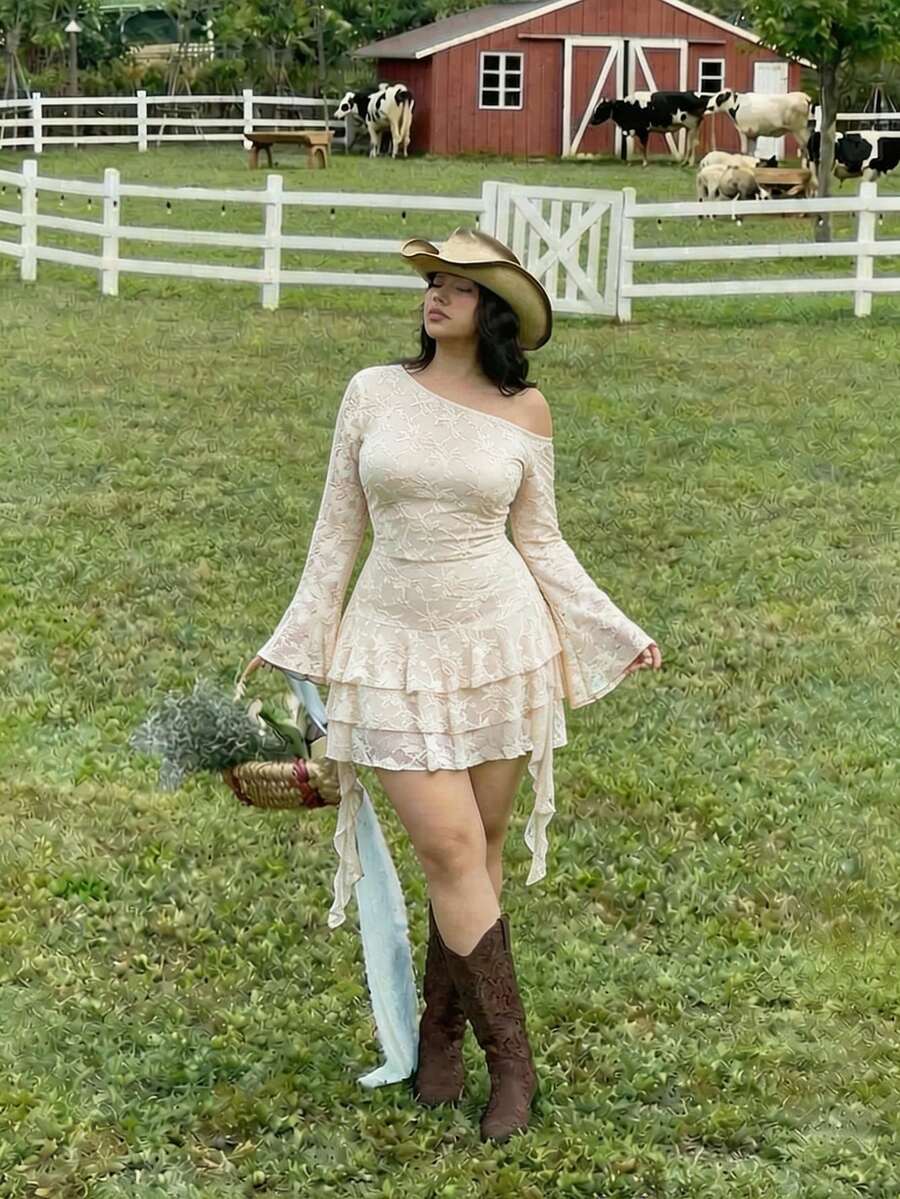 SHEIN MOD Vestido asimétrico con volantes para mujer de talla grande, ideal para Año Nuevo, Acción de Gracias y fiestas - Blanco - Ver 1