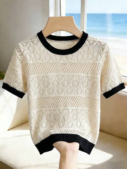 Franclia 女士撞色滚边镂空短袖针织上衣