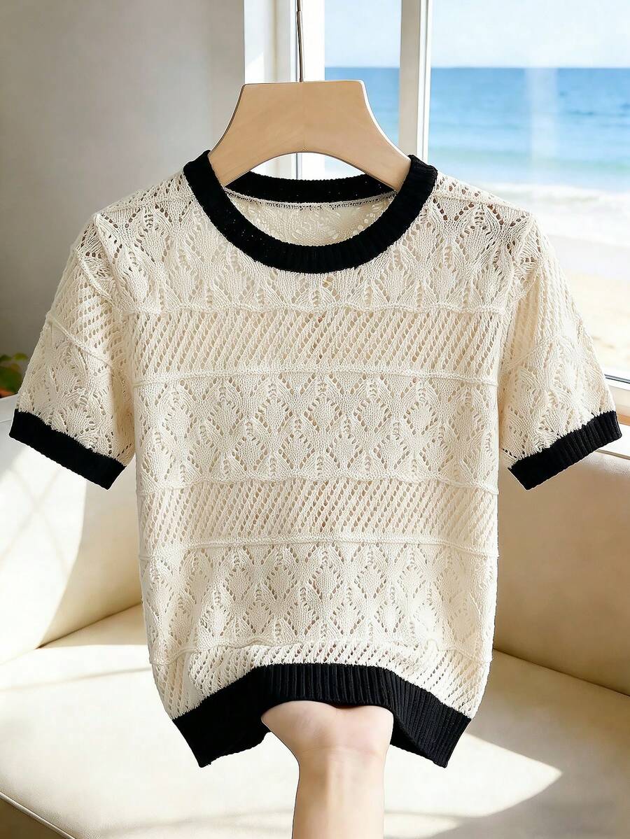 Franclia Áo dệt kim tay ngắn khoét lỗ phối viền tương phản dành cho nữ - Màu be - Xem 1