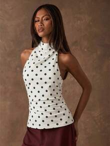 SHEIN BAE Women's Sexy Polka Dot Print Backless Halter Top, Summer - White - View 3