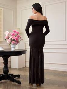 Modelyn Đầm dạ hội nữ màu đỏ lưới phối ren xếp nếp xuyên thấu phong cách Gothic tối màu với họa tiết hoa hồng 3D. - màu nâu - Xem 2