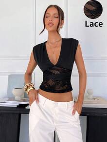 Siren Gaze New Summer Style Women's Top With Two-Way Lace Trim, Sexy Backless Halter Neck Lace V-Neck Top, Sleeveless Slim-Fitting Sheer Mesh Short T-Shirt, Elegant Women's Top. Tops For Women Summer Cute Women Summer Outfits Sexy Tops For Ladies - Black - View 6