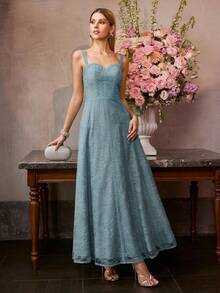 MOTF Soiréza WOMEN'S SWEETHEART NECK LACE EVENING GOWN – THIN SPAGHETTI STRAPS, FITTED BODICE & FLOOR-LENGTH A-LINE FLOWING DRESS– IDEAL FOR WEDDINGS, GALA DINNERS, CELEBRATIONS & FORMAL PARTIES - Dusty Blue - View 7