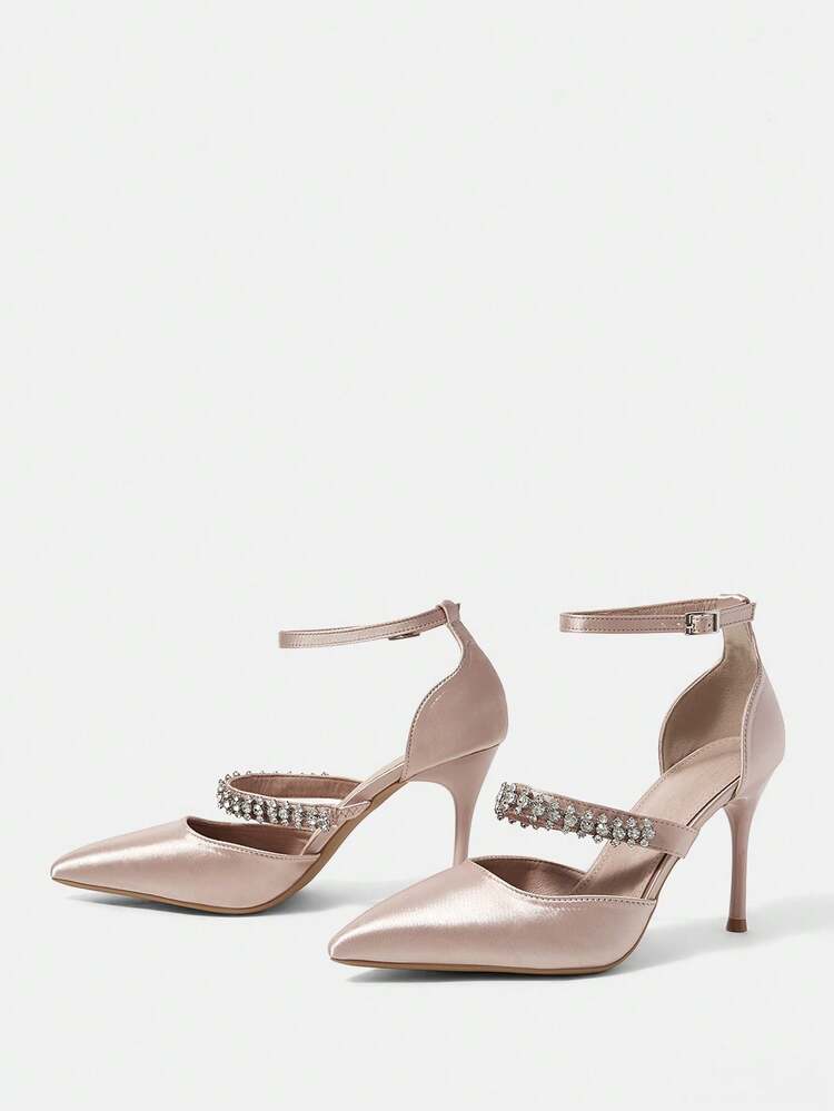 CUCCOO HITCHD Women Shoes New French Sexy Pointed Toe Hollow High Heels Fashion Low Vamp Satin Rhinestone Dress Party Bridal Wedding Shoes