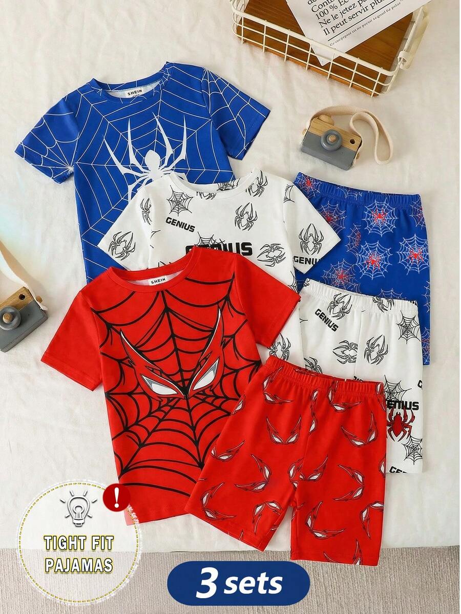 3件套婴儿/幼儿男童蜘蛛图案印花睡衣套装,蓝/白/红组合,短袖T恤和短裤,弹力针织面料,舒适睡衣 - 彩色 - 查看 1