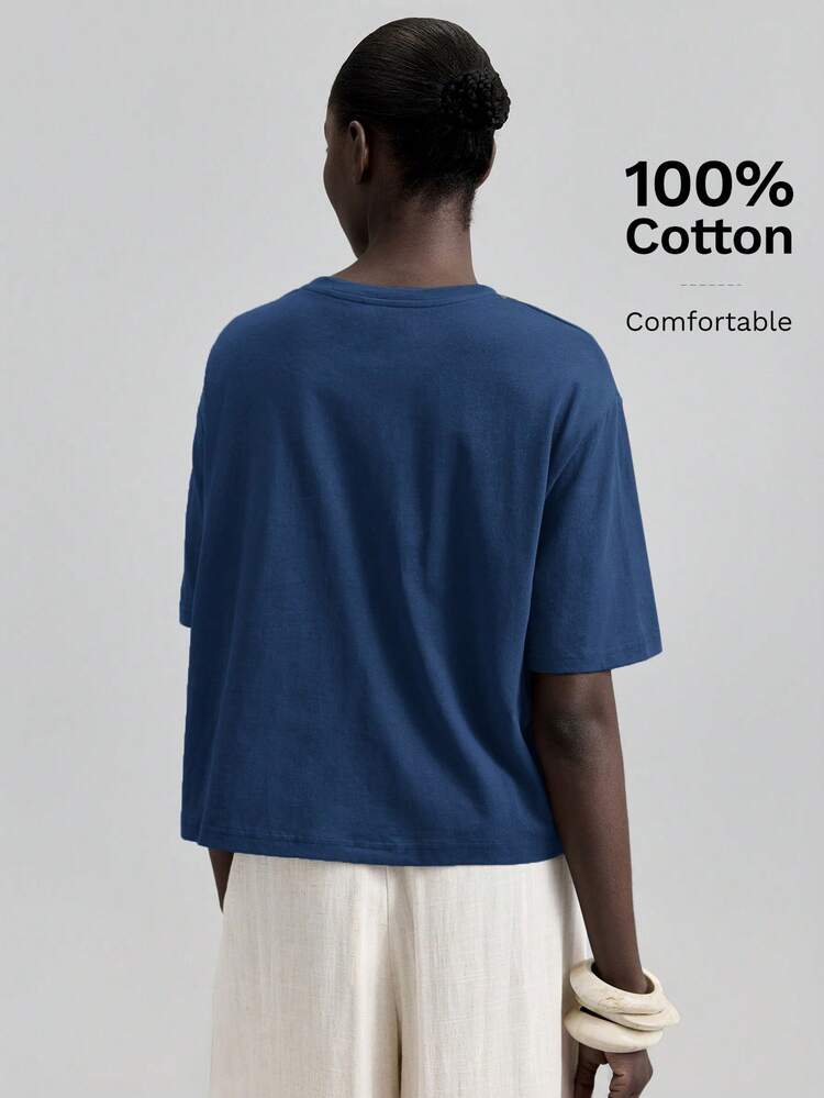 2026 Spring/Summer New Lightweight Casual T-Shirt For Women, Elegant Resort Wear, Loose Comfortable Versatile Applique Embroidered Short Sleeve Round Neck Minimalist Fashion, Suitable For Holiday, Beach, Office Wear