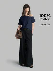 Ontre 2026SS Women's Solid Color Asymmetric Neck Short Sleeve Casual T-Shirt, Versatile Minimalist Style For Vacation - Navy Blue - View 3