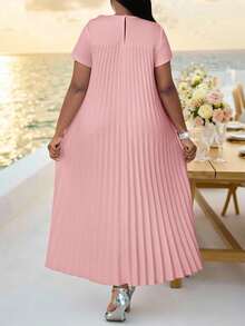 SHEIN Lady 春夏秋冬加大码针织白色圆领短袖褶皱宽松连衣裙，3D立体花朵图案加大码连衣裙 - 粉色 - 查看 1