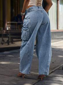 Denimoi 女士休闲水洗低腰喇叭裤 - 藍色 - 查看 2