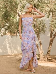 L'Amorae Đầm dài bằng vải chiffon cổ đổ, thiết kế bất đối xứng với bèo nhún. - Nhiều màu - Xem 5