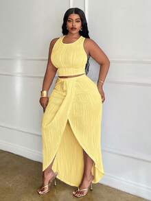 Slaydiva Slayr Plus Size White Solid Slim Fit 2 Pieces Outfit 2pcs/Set - Light Yellow - View 4