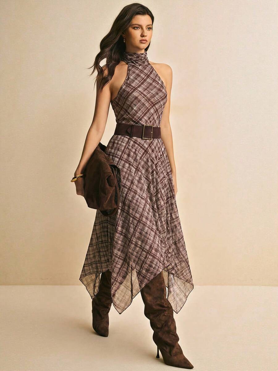 Poéselle 女士格子不对称下摆时尚露背连衣裙 - 棕色 - 查看 1
