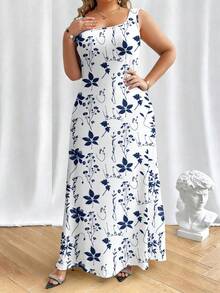 EMERY ROSE Plus Size Women Vacation Floral Print Round Neck Sleeveless Fitted Loose Casual Fashion Dress, Plus Size Vest Maxi Dress - Multicolor - View 4