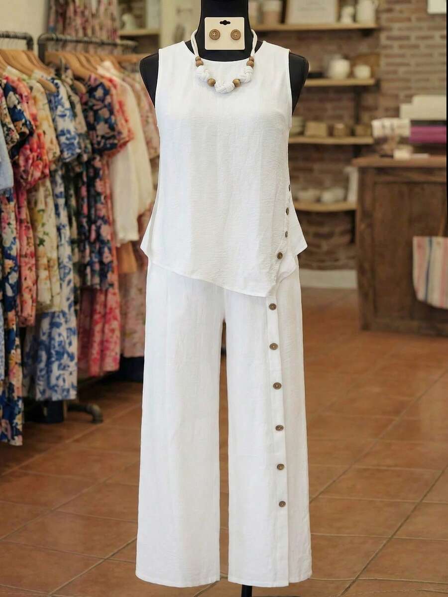 EMERY ROSE Conjunto de 2 piezas de talla grande de unicolor con top sin mangas y pantalones largos, uso casual minimalista para diario - Blanco - Ver 1