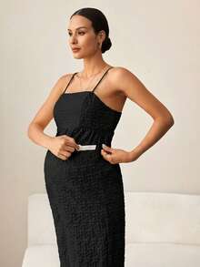 MaterniWear Maternity Summer Solid Color Jacquard Ruffle Hem Camisole And Pants 2 Pieces Set - Black - View 7