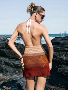 Femmeiva 女士露背吊带休闲度假渐变针织连衣裙 - 橘色 - 查看 2