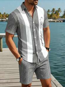 Manfinity RSRT 男士夏季休闲度假风字母印花撞色纹理面料短袖衬衫和抽绳腰短裤套装 - 彩色 - 查看 1